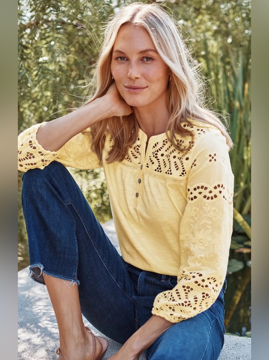 J. Jill Tops - j.jill women’s yellow mixed media eyelet Henley top-size large NWOT